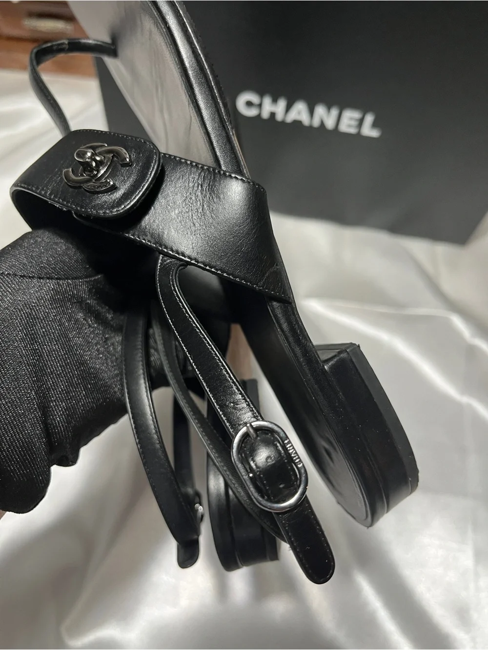 CHANEL Black Leather Thong Sandals with CC Medallion